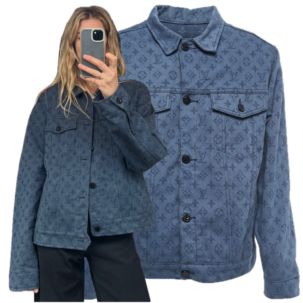Authentic Louis Vuitton 2019 Blue Monogram Denim Button Front Trucker Jacket